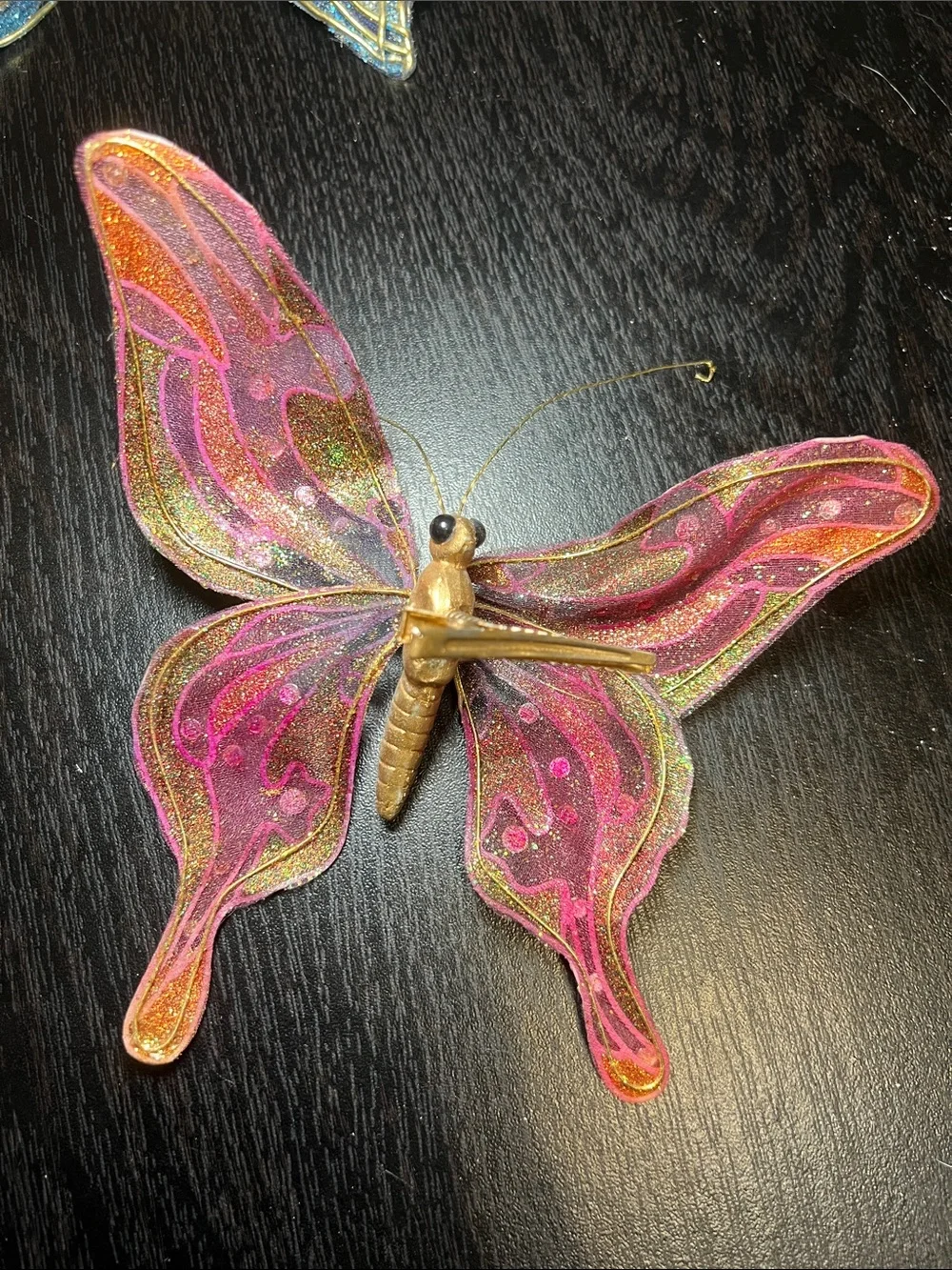 2 Vintage Sparkly Whimsical Glitter Butterfly Clip Ornaments - Blue & Multicolor